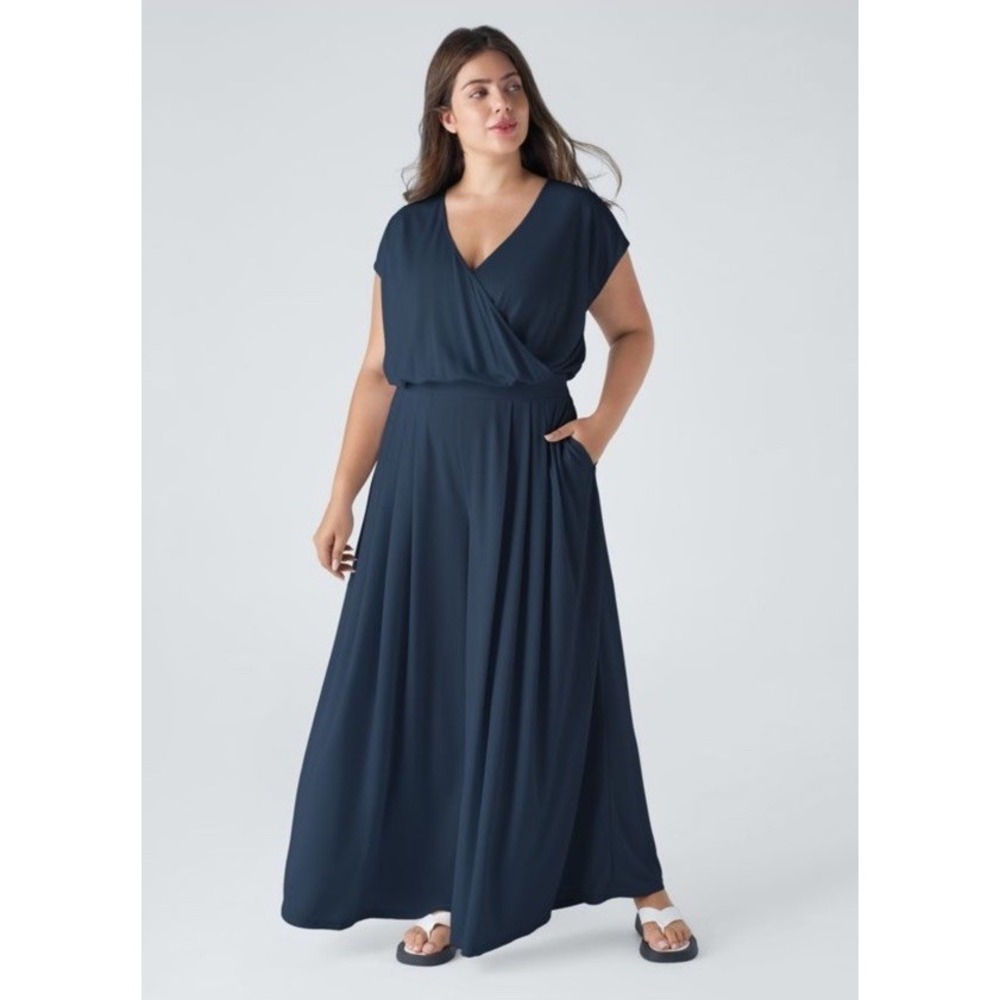 Halara V Neck Short Sleeve Wide Leg Flowy Waffle Knit Jumpsuit Size XL NWT Navy